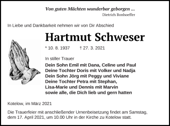 Traueranzeige von Hartmut Schweser von Neubrandenburger Zeitung