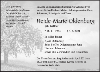 Traueranzeige von Heide-Marie Oldenburg von Norddeutsche Neueste Nachrichten