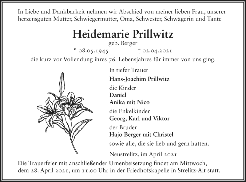  Traueranzeige für Heidemarie Prillwitz vom 09.04.2021 aus Strelitzer Zeitung