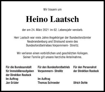 Traueranzeige von Heino Laatsch von Neubrandenburger Zeitung