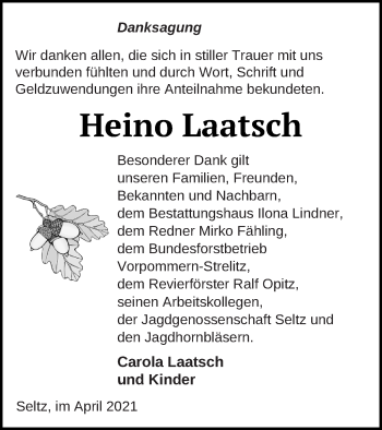 Traueranzeige von Heino Laatsch von Neubrandenburger Zeitung