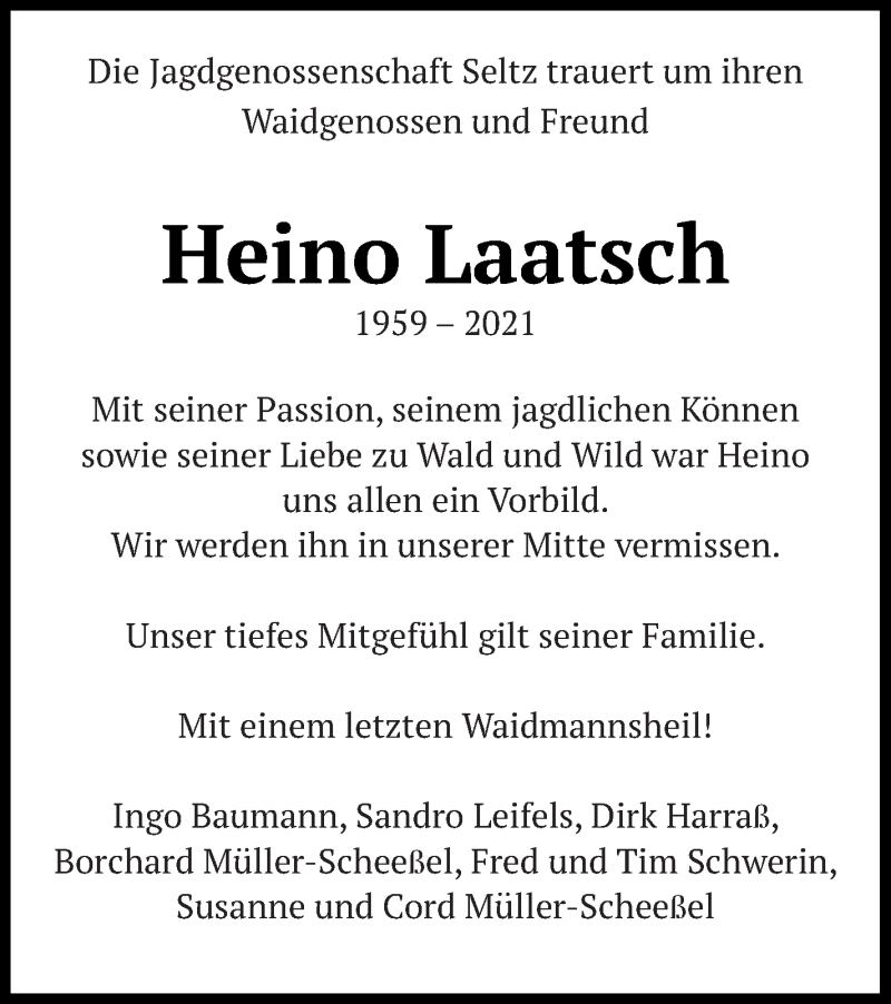  Traueranzeige für Heino Laatsch vom 01.04.2021 aus Treptower Tageblatt