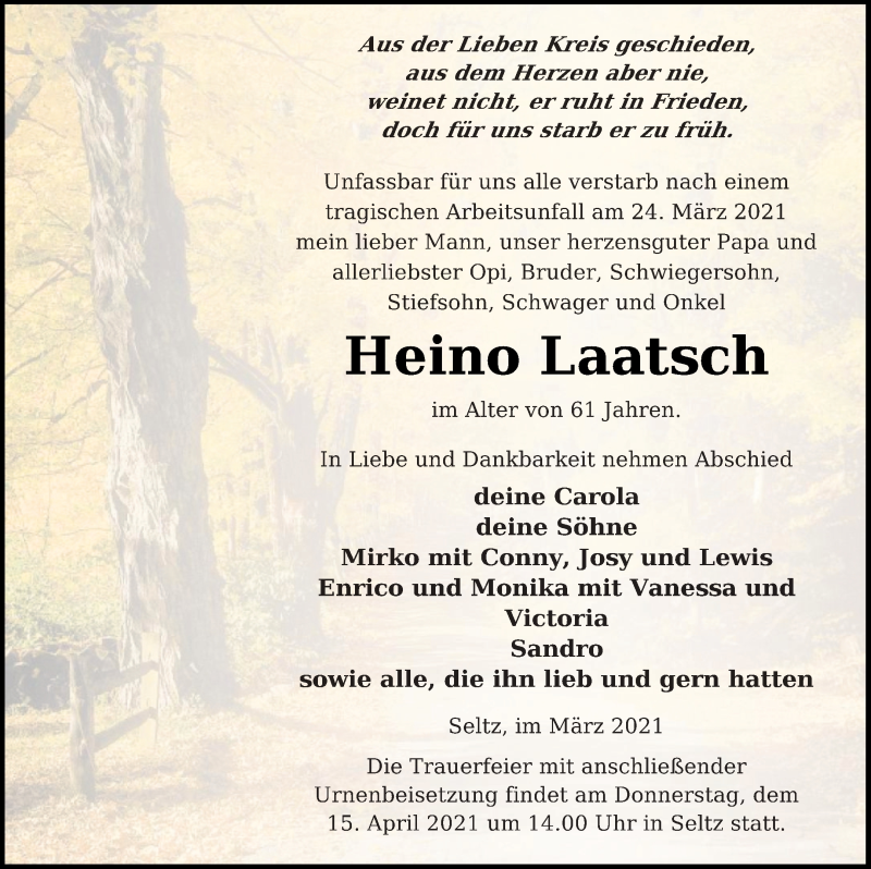  Traueranzeige für Heino Laatsch vom 01.04.2021 aus Neubrandenburger Zeitung