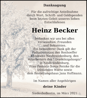 Traueranzeige von Heinz Becker von Neubrandenburger Zeitung