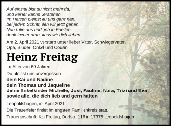 Traueranzeige von Heinz Freitag von Haff-Zeitung