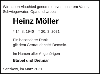 Traueranzeige von Heinz Möller von Demminer Zeitung