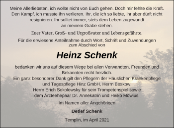 Traueranzeige von Heinz Schenk von Templiner Zeitung