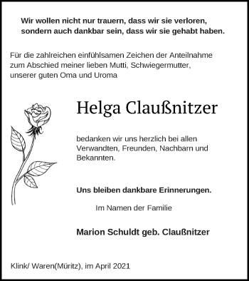 Traueranzeige von Helga Claußnitzer von Müritz-Zeitung