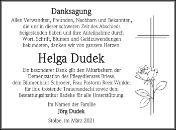 Traueranzeige von Helga Dudek von Vorpommern Kurier