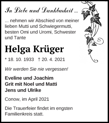 Traueranzeige von Helga Krüger von Strelitzer Zeitung