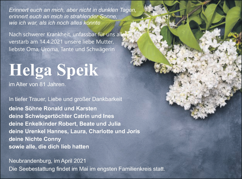  Traueranzeige für Helga Speik vom 20.04.2021 aus Vorpommern Kurier