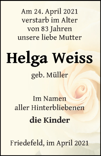 Traueranzeige von Helga Weiss von Pasewalker Zeitung