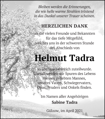 Traueranzeige von Helmut Tadra von Mecklenburger Schweiz