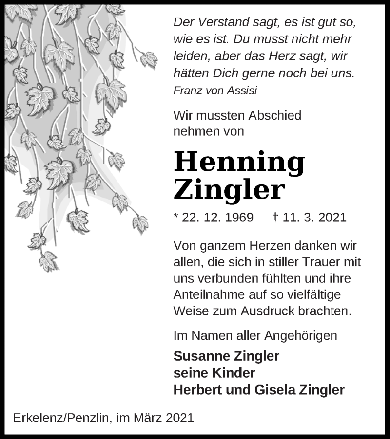  Traueranzeige für Henning Zingler vom 09.04.2021 aus Mecklenburger Schweiz