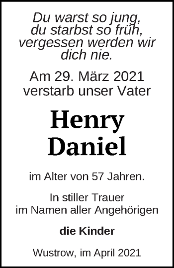 Traueranzeige von Henry Daniel von Strelitzer Zeitung