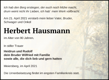 Traueranzeige von Herbert Hausmann von Haff-Zeitung