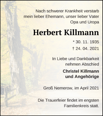 Traueranzeige von Herbert Killmann von Strelitzer Zeitung