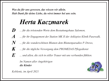 Traueranzeige von Herta Kaczmarek von Pasewalker Zeitung