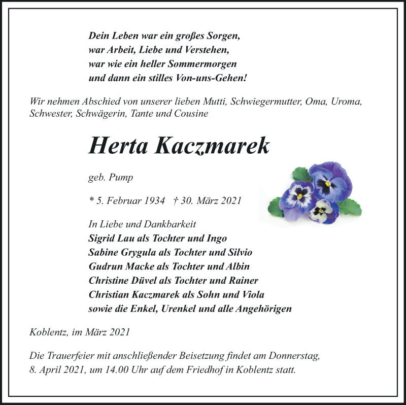  Traueranzeige für Herta Kaczmarek vom 03.04.2021 aus Pasewalker Zeitung
