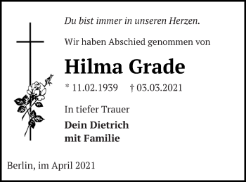 Traueranzeige von Hilma Grade von Demminer Zeitung