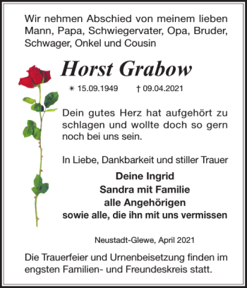 Traueranzeige von Horst Grabow von Ludwigsluster Tageblatt