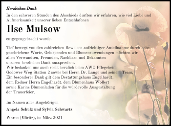 Traueranzeige von Ilse Mulsow von Müritz-Zeitung