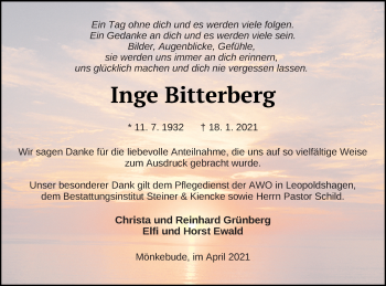 Traueranzeige von Inge Bitterberg von Haff-Zeitung