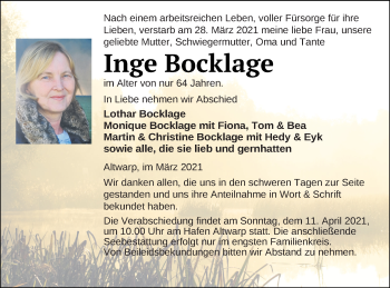 Traueranzeige von Inge Bocklage von Haff-Zeitung