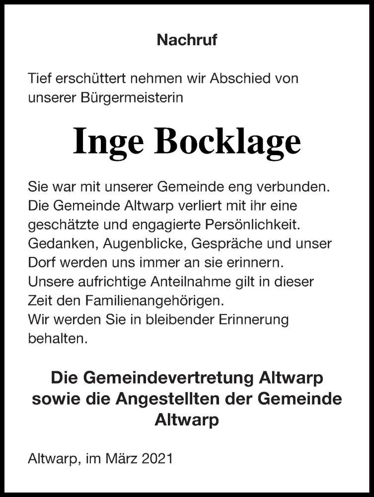  Traueranzeige für Inge Bocklage vom 14.04.2021 aus Haff-Zeitung