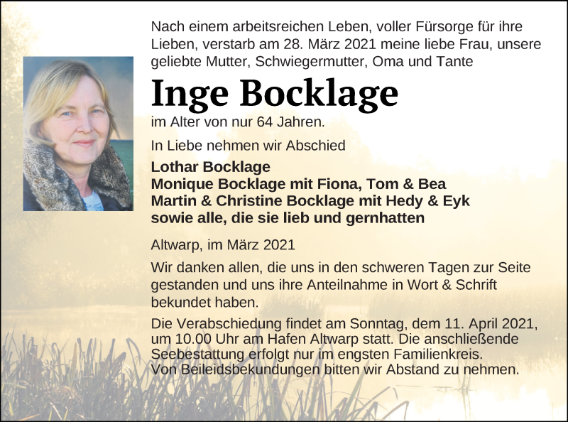 Traueranzeige für Inge Bocklage vom 03.04.2021 aus Haff-Zeitung