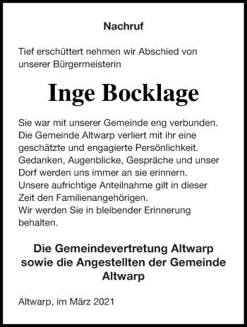 Traueranzeige von Inge Bocklage von Haff-Zeitung