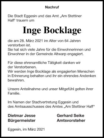 Traueranzeige von Inge Bocklage von Haff-Zeitung