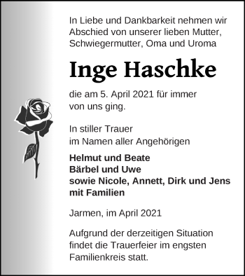 Traueranzeige von Inge Haschke von Vorpommern Kurier