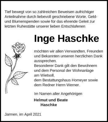 Traueranzeige von Inge Haschke von Vorpommern Kurier