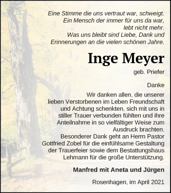 Traueranzeige von Inge Meyer von Neubrandenburger Zeitung