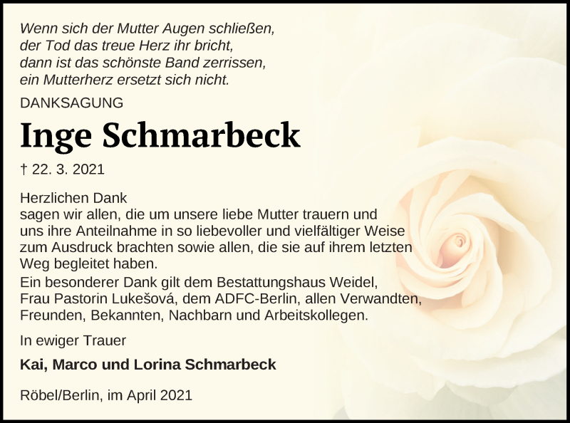  Traueranzeige für Inge Schmarbeck vom 24.04.2021 aus Müritz-Zeitung