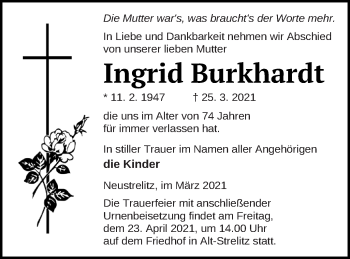 Traueranzeige von Ingrid Burkhardt von Strelitzer Zeitung