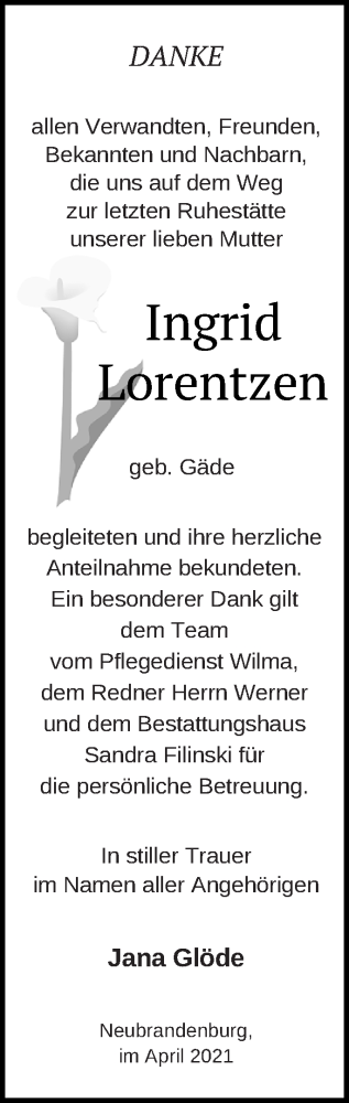 Traueranzeige von Ingrid Lorentzen von Neubrandenburger Zeitung