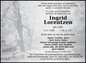 Traueranzeige von Ingrid Lorentzen von Neubrandenburger Zeitung