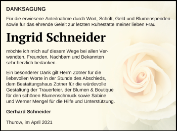 Traueranzeige von Ingrid Schneider von Vorpommern Kurier