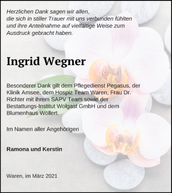 Traueranzeige von Ingrid Wegner von Müritz-Zeitung