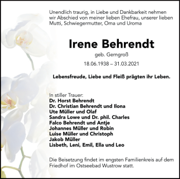 Traueranzeige von Irene Behrendt von Mecklenburger Schweiz