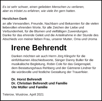 Traueranzeige von Irene Behrendt von Mecklenburger Schweiz