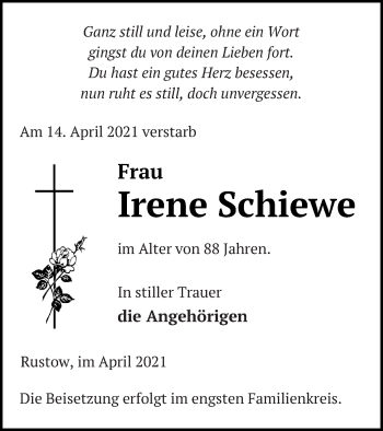 Traueranzeige von Irene Schiewe von Vorpommern Kurier