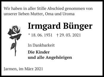 Traueranzeige von Irmgard Bünger von Neubrandenburger Zeitung