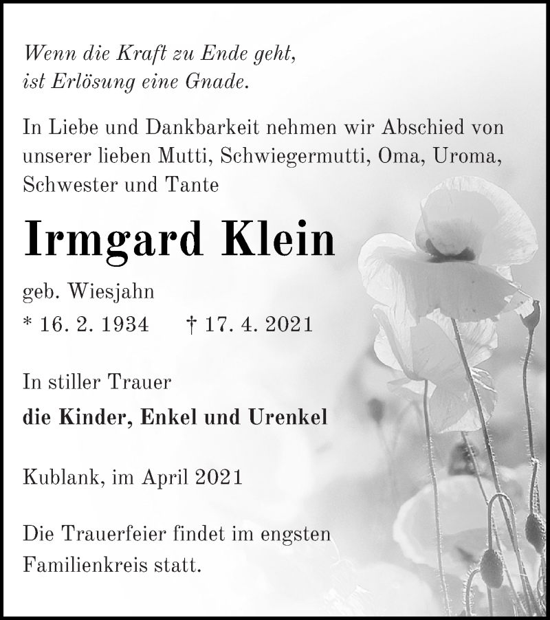  Traueranzeige für Irmgard Klein vom 23.04.2021 aus Prenzlauer Zeitung