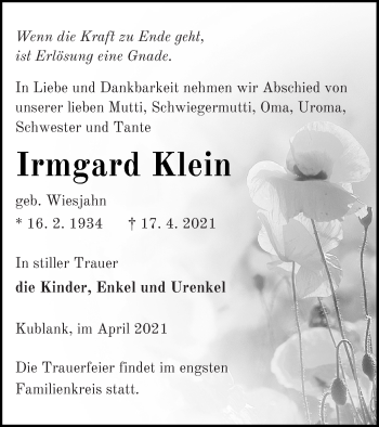 Traueranzeige von Irmgard Klein von Prenzlauer Zeitung