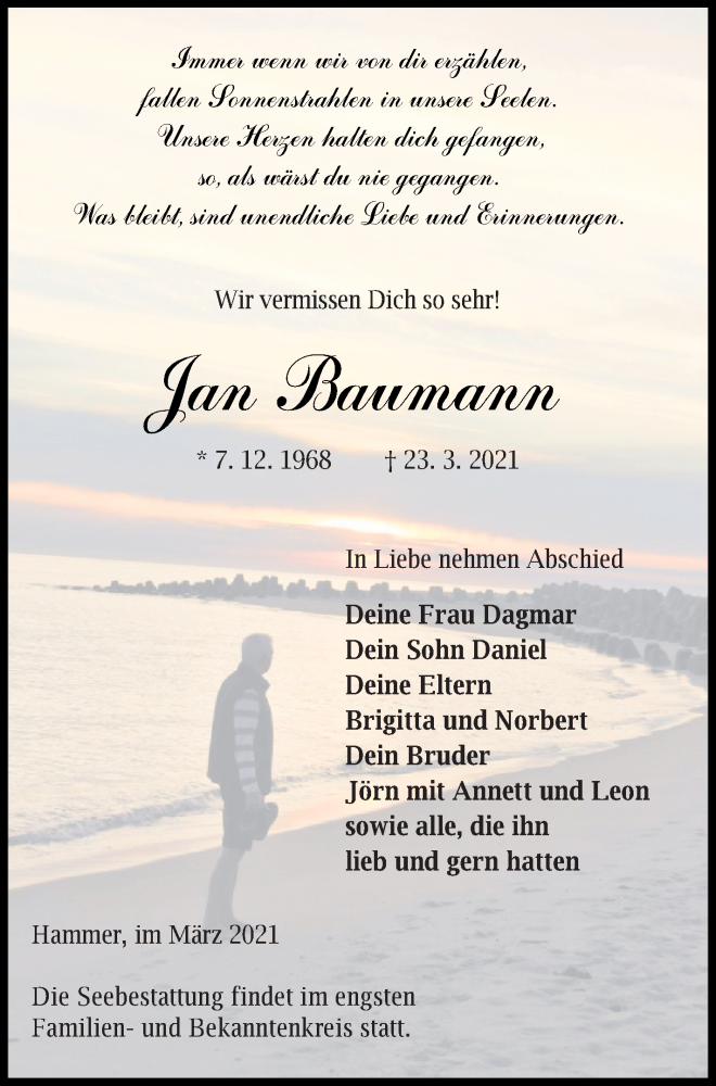  Traueranzeige für Jan Baumann vom 03.04.2021 aus Haff-Zeitung
