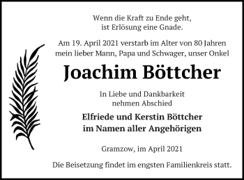 Traueranzeige von Joachim Böttcher von Prenzlauer Zeitung