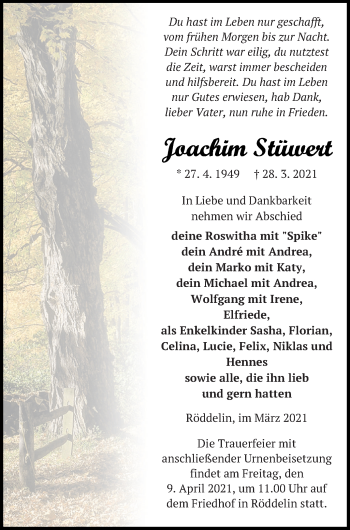 Traueranzeige von Joachim Stüwert von Templiner Zeitung